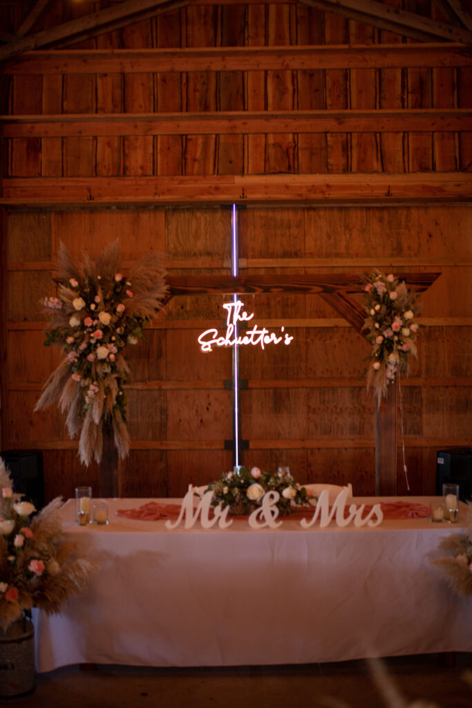Bride and groom reception table at Hillside Farms wedding venue