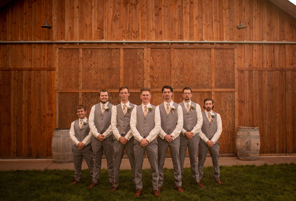 Groom and groomsman wedding photos at Hillside Farms wedding venue in Washington