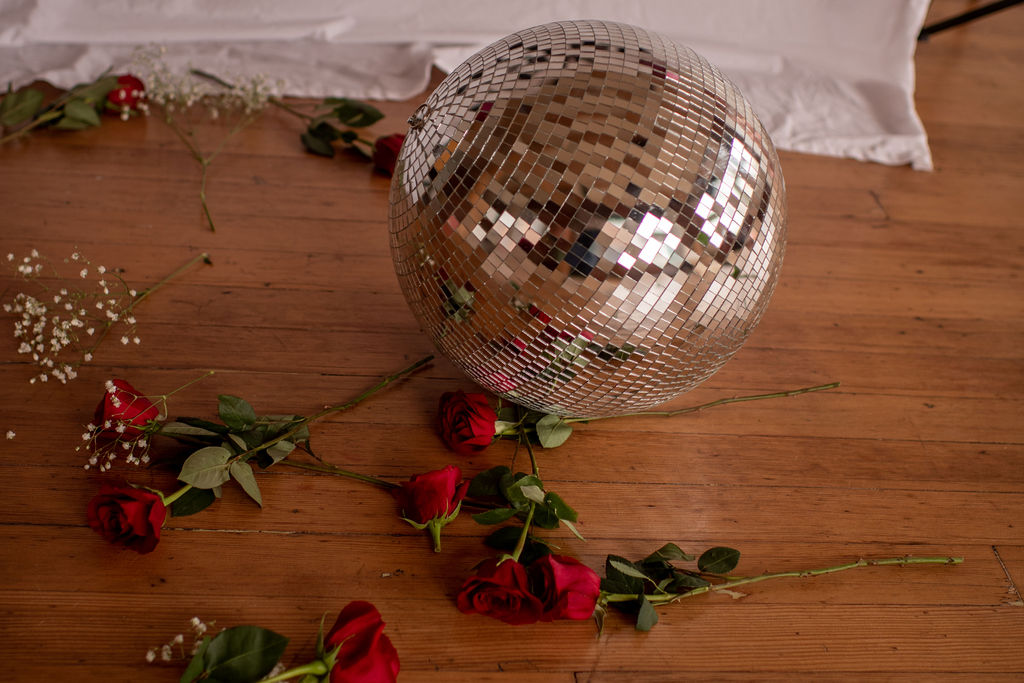Disco ball and roses for Valentine's Day Photoshoot