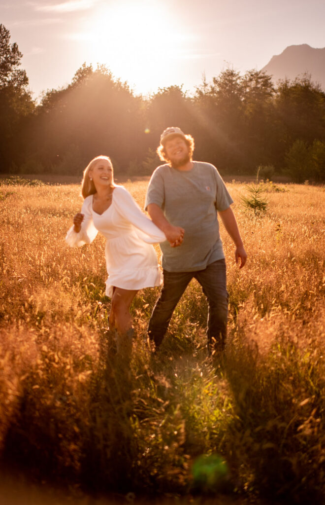 Mountain engagement photos in the fields of Washington