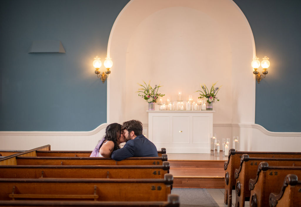 Bride and groom church pew portraits